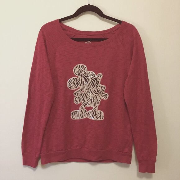 Iconic Disney Mickey Mouse Zebra Print Sequin Crimson Pullover - Picture 2 of 15
